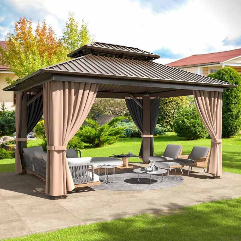 Photo 1 of 10x12 FT Hardtop Gazebo with Aluminum Frame, Galvanized Steel Double Roof Gazebo with Nettings and Curtains, Permanent Outdoor Metal Pavilion for Patio, Deck, Lawn and Garden
