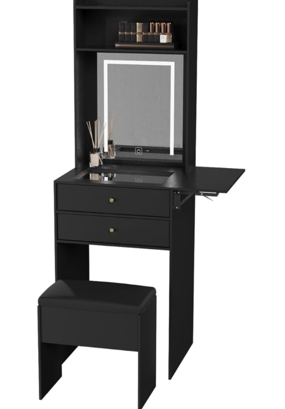 Photo 1 of ARTETHYS Small Vanity Desk Set with 3 Adjustable Lighted Mirror and Storage Chair Small Black Vanity Table for Bedroom Compact Mini Makeup Vanity Dressing Table with Fold-up Panel for Small Space