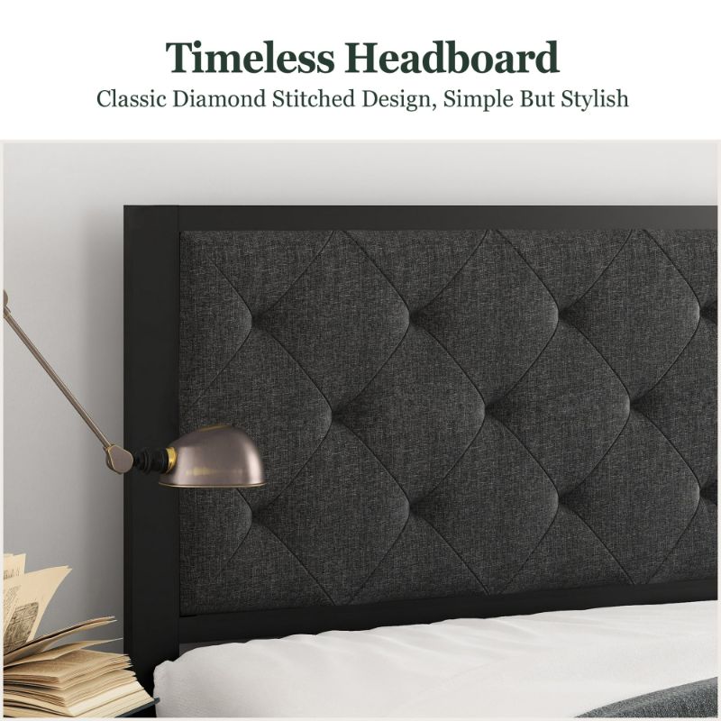 Photo 1 of Amolife King Size Metal Bed Frame with Upholstered Headboard, Dark Grey
