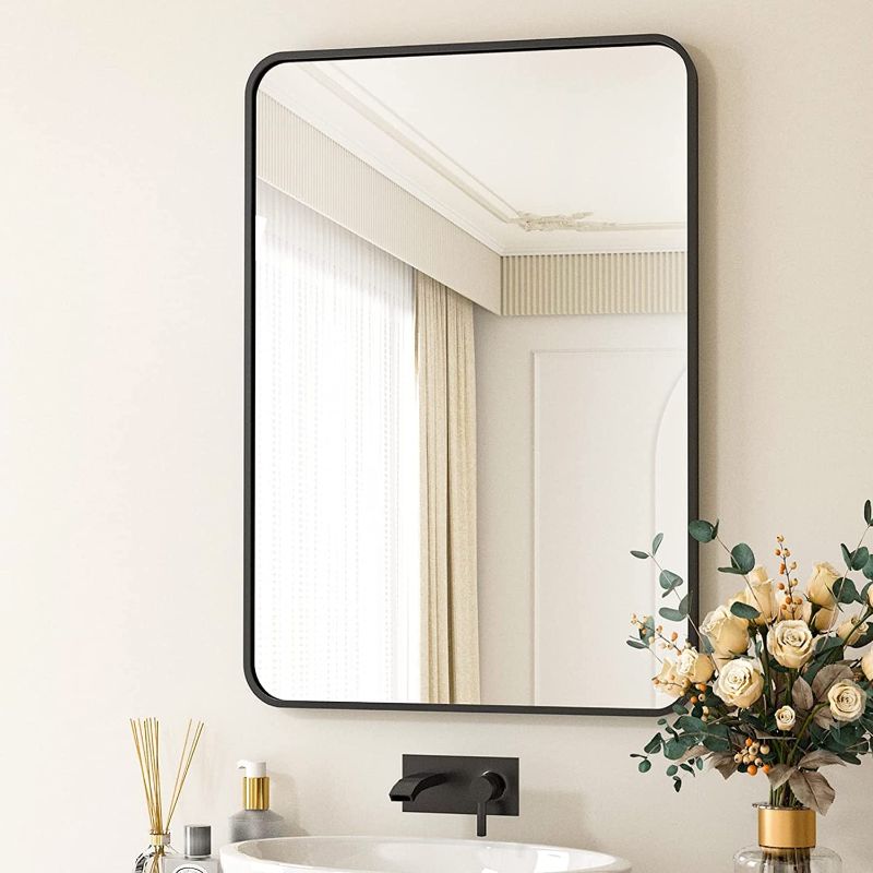 Photo 1 of BEAUTYPEAK 24"x36" Wall Mirror Rounded Corners Hanging Vanity Mirror Black
