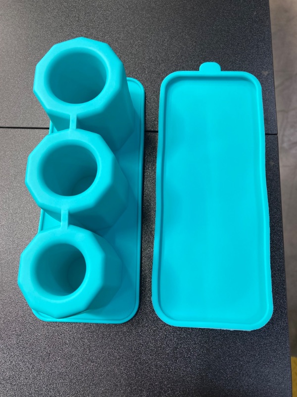 Photo 2 of **2 Pack** Ice Cube Tray for Tumbler Cup,New Silicone Ice Maker With for Making 3 Hollow Cylinder Ice Molds with Lid and Bin for Freezer, Ice Drink, Juice, Whiskey, Cocktail, Summer Gifts (Blue)