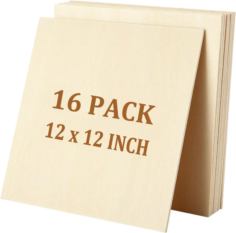 Photo 1 of 16 Pack Basswood Sheets 12 x 12 Inch 2mm Plywood Sheets Blank Wood Squares Unfinished Thin Wood Board for Crafts, Painting, Laser Cutting, Wood Burning, Architectural Model, Staining
