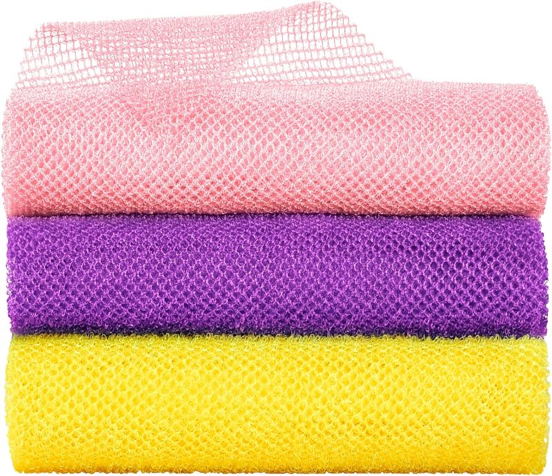 Photo 1 of **3 Pack** Metene 3 Pieces African Exfoliating Net, Colorful African Net Cloth, Long African Net Sponge Body Scrubber for Use in Shower, Bath Shower Wash Cloth for Skin Smoother Daily Use (Pink,Purple,Yellow)
