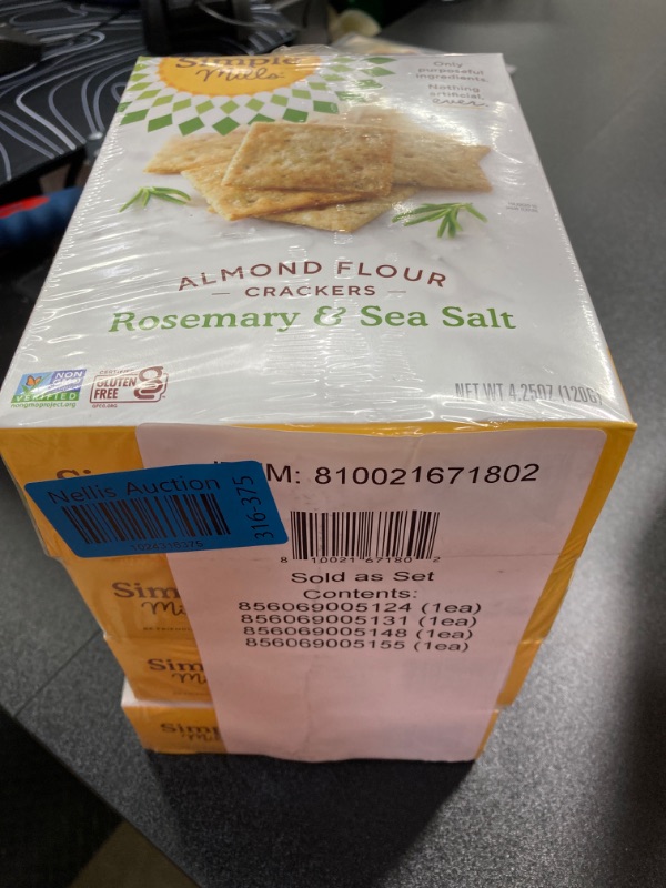 Photo 2 of **Expires July 15, 2024** Simple Mills Almond Flour Crackers, Variety Pack (Fine Ground Sea Salt, Rosemary & Sea Salt, Farmhouse Cheddar, and Sun-Dried Tomato & Basil) - Gluten Free, Healthy Snacks, 4.25 Ounce (Pack of 4) VP(Sea Salt, Rosemary, Cheddar, T