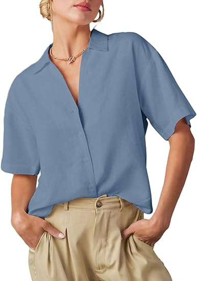 Photo 1 of Dokotoo Womens Summer Tops Casual V Neck Button Down Shirts Solid Short Sleeve Blouse Tops XL Sky Blue