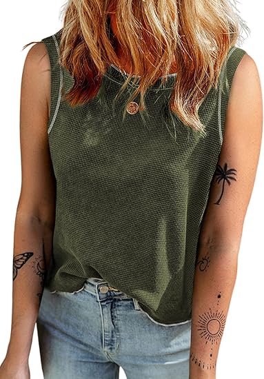 Photo 1 of Dokotoo Womens Tank Tops 2024 Summer Basic Cerwneck Loose Fit Shirts Waffle Knit Sleeveless Blouses Tops Medium Green.