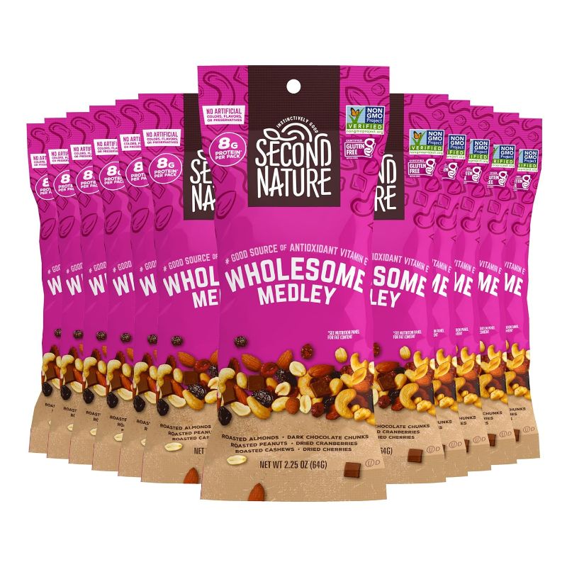 Photo 1 of ***BEST BEFORE 1/29/25*** Second Nature Wholesome Medley Trail Mix - 12 Count, 2.25 oz Individual Snack Packs, Certified Gluten-Free – Dark Chocolate, Dried Fruit and Nut Trail Mix, Ideal for Travel Snacks
