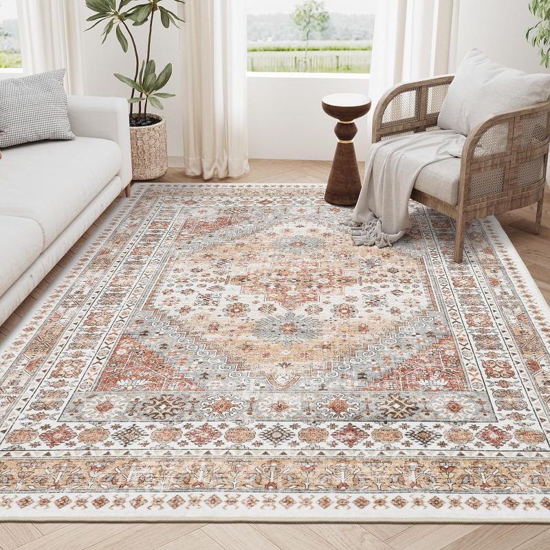 Photo 1 of 8x10 Area Rugs for Living Room,Non-Slip Backing Washable Rugs,Vintage Large Area Rug?Stain Resistant Home Decor Rug (Orange,8'x10')
