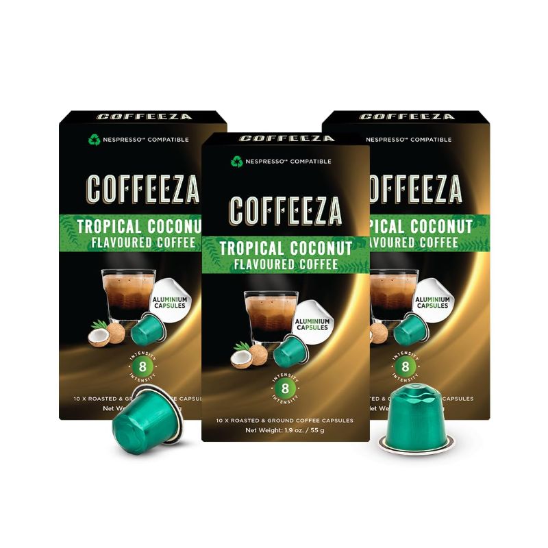 Photo 1 of Coffeeza Tropical Coconut Flavoured Aluminium Coffee Capsules, Intensity - 8 |100% Arabica Coffee | Nespresso Compatible Coffee Pods | Box of 3 (30 Capsules)
