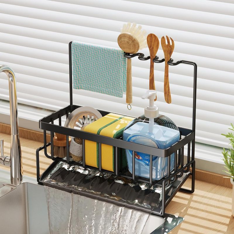 Photo 1 of *** DESIGN VARIES *** Sponge Holder for Kitchen Sink, Kitchen Sink Caddy with Cloth Rack and Divider, Auto-Drainage Kitchen Organizer and Storage for Brush, Sponge, Dish Soap Dispenser