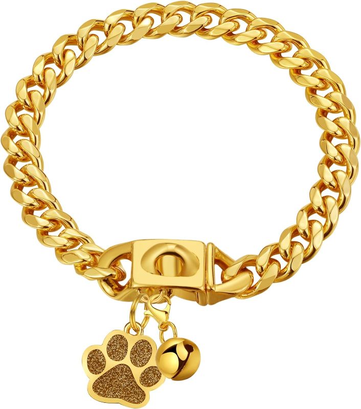 Photo 1 of *** CHARM VARIES *** Dog Chain Collars Gold Dog Collar 10mm Gold Cuban Link Dog Collar Stainless Steel 18K Gold Dog Chain with Snap Buckle Dog tag & Bell for Puppy Small Medium Large Dogs(22")