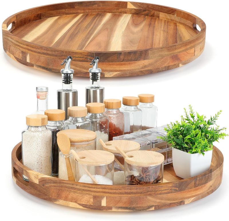 Photo 1 of 2 Pack 20 Inch Acacia Wood Lazy Susan Turntable with Handle Wooden Rotating Serving Tray Charcuterie Board Kitchen Organizer Turntable for Countertop Cabinet Pantry
