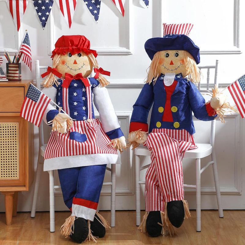 Photo 1 of 2 Pcs 61'' Large Independence Day Scarecrow Sitter 4th of July Patriotic Decoration Male Female Sitting Scarecrow Outdoor for Garden Home Yard