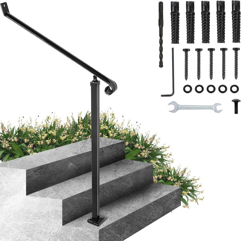 Photo 1 of ***FOR PARTS, EXTREME DAMAGE*** Happybuy Handrails for Outdoor Steps 2-3 Step Railings Wrought Iron Handrail Stair Railings for Steps Black Iron Railings for Steps Wall and Floor Mounted with Installation Kit