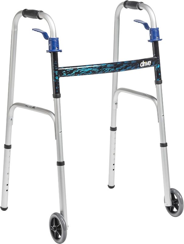 Photo 1 of *** WEAR AND TEAR, NEEDS TO BE WIPPED DOWN *** Drive Medical 10226-1 Trigger Release Folding Walker, Brushed Steel