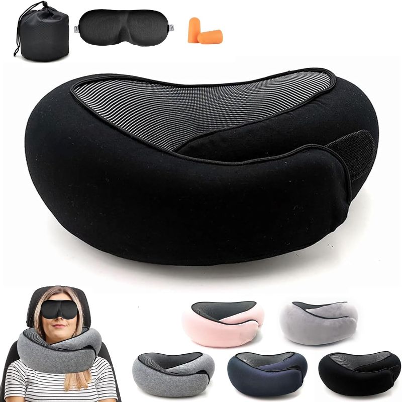 Photo 1 of 2024 Memory Foam Neck Pillow 360 Degree Neck Support Travel Pillows for Airplanes and Long Flight Travel Neck Pillow (Black)
