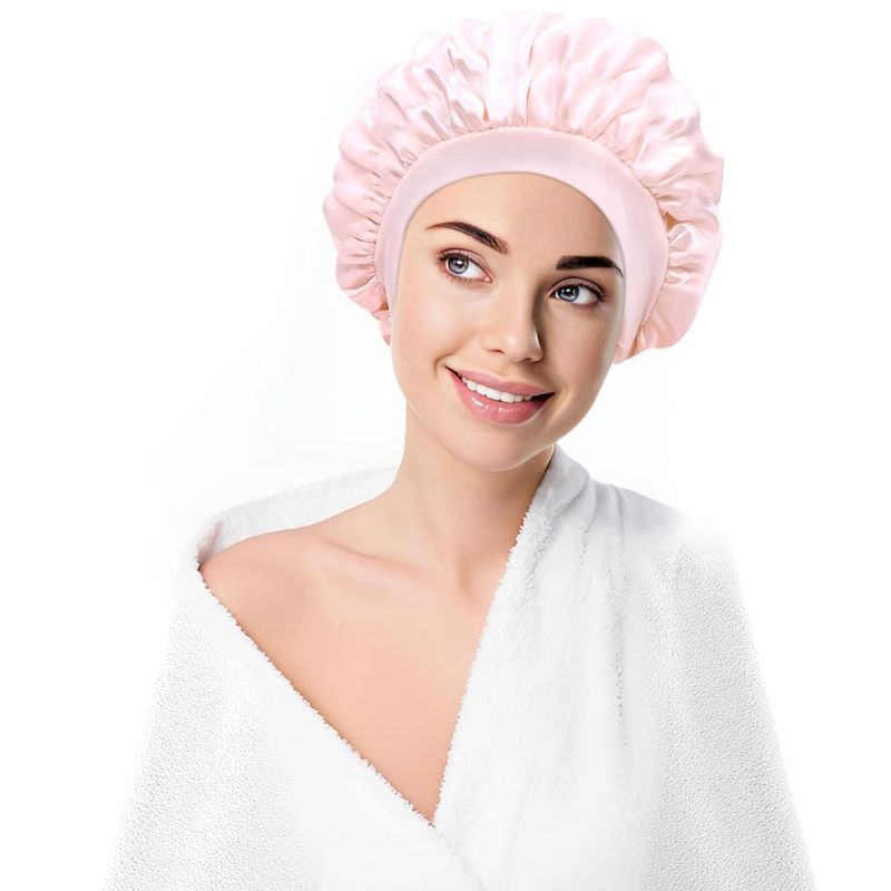 Photo 1 of 2 PACK! Satin Bonnet Silk Bonnet for Sleeping Hair Bonnet for Sleeping Silk Sleep Cap Bonnets for Women Curly Natural Braid Hair Bonnet for Men Adjustable Wide Band Double Layer, Pale Pink
