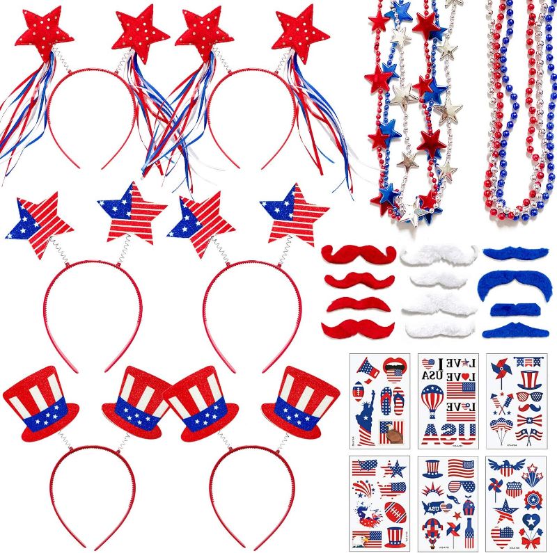 Photo 1 of 72 Pieces Fourth/4th of July Party Accessories Patriotic Party Favor Supplies, Include 6 Head Boppers, 6 Bead Necklaces, 36 Temporary Tattoo, 12 Mustache for Independence Day Party Props Deco
