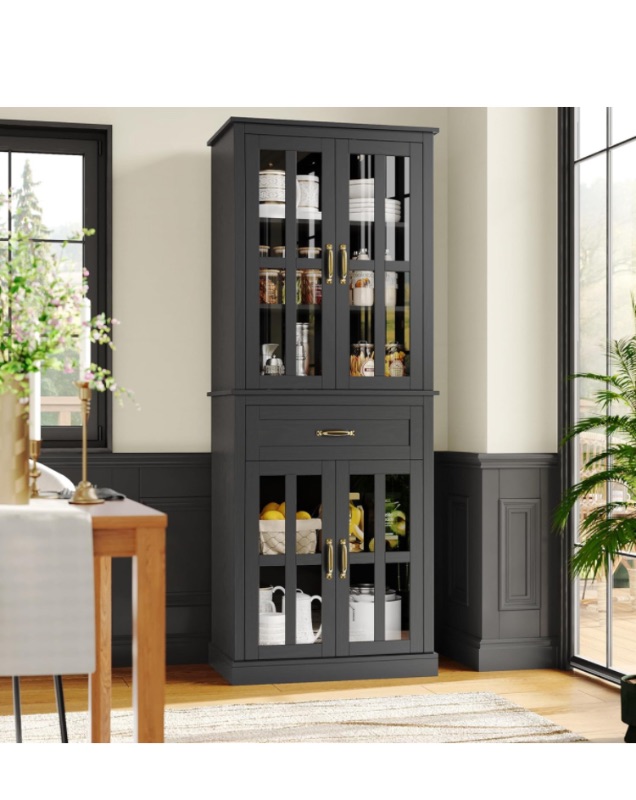 Photo 1 of FOTOSOK 71'' Kitchen Pantry Cabinet, Tall Kitchen Cabinet Pantry Cabinet with Glass Doors and Drawer, Freestanding Food Pantry Kitchen Hunch with Adjustable Shelves for Dining Living Room, Black