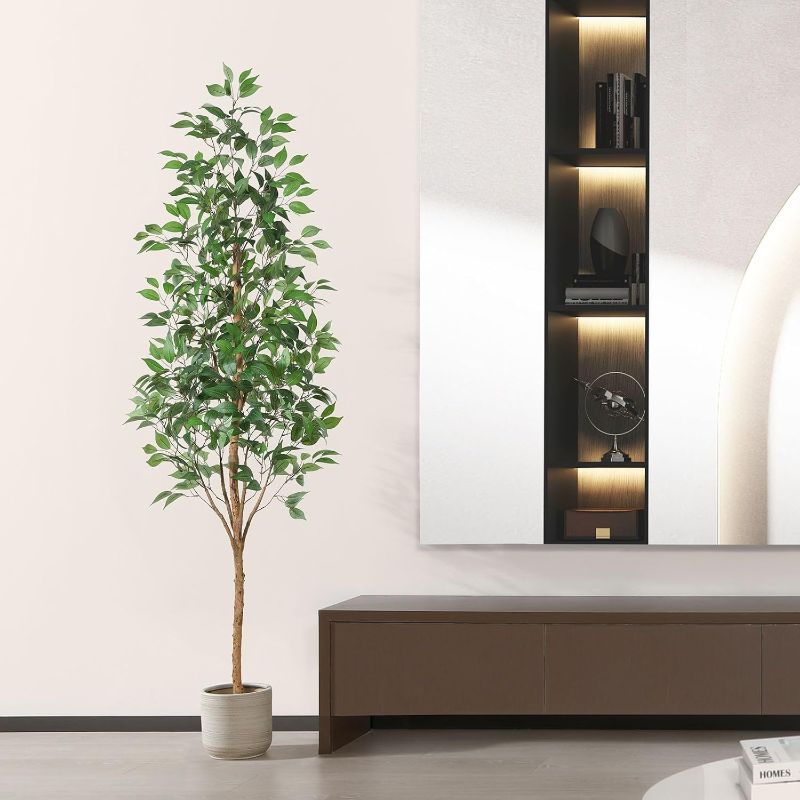 Photo 1 of 7FT Artificial Ficus Tree,Fake Tree with Natural Wood Trunk and Lifelike Leaves,Faux Silk Ficus Tree with Sturdy Plastic Nursery Pot for Indoor Outdoor Home Decor Living Room Office Garden Gift
