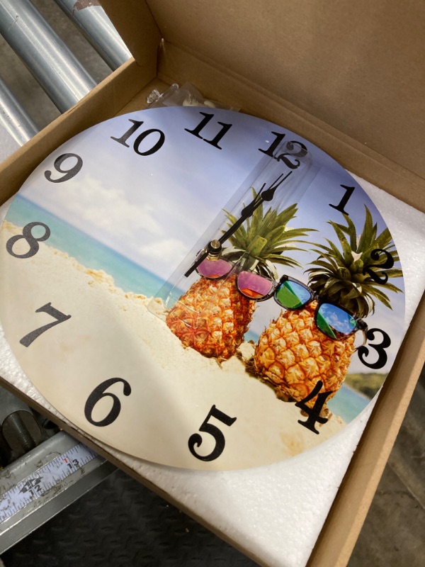 Photo 2 of Abucaky Funny Pineapples on sea Beach Wall Clock Battery Operated Silent Round Clock Wall Decor for Home Office School, 12 Inch