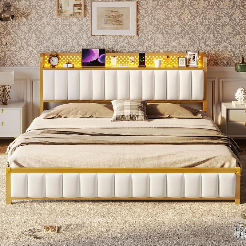 Photo 1 of ADORNEVE King Bed Frame with LED Lights Headboard, Upholstered Platform Bed with Outlets and USB Ports, King Size Bed Frame with Storage Headboard, Channel Tufted Design, Beige & Gold
