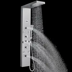 Photo 1 of ROVOGO Shower Panel with 4 Body Jets and 4 Mist Spray, Rainfall Waterfall Shower Column Tower with Handheld, Tub Spout and Water Temperature Display, 304 Stainless Steel Brushed
