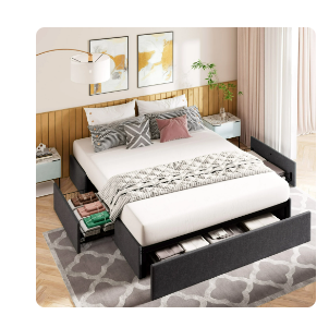 Photo 1 of Amolife Queen Size Upholstered Platform Bed Frame with 3 Storage Drawers and Wooden Slats, Dark Gray