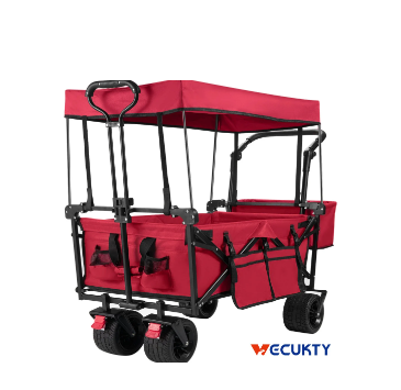 Photo 1 of Collapsible Garden Wagon Cart with Removable Canopy, VECUKTY Foldable Wagon Utility Carts with Wheels and Rear Storage, Wagon Cart for Garden Camping Grocery Shopping Cart, Red