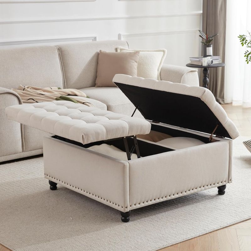 Photo 1 of Tbfit 35.5" Large Square Storage Ottoman Bench, Tufted Upholstered Coffee Table Ottoman with Storage, Oversized Storage Ottomans Toy Box for Living Room, Beige
