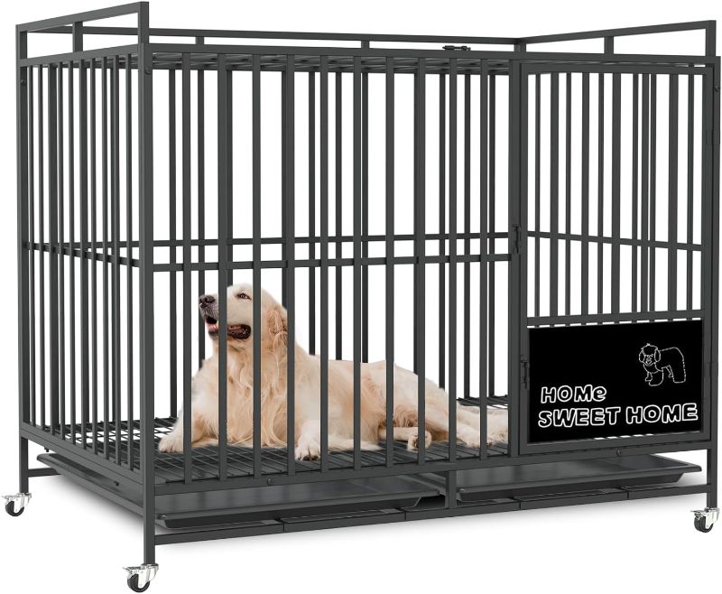 Photo 1 of 44 Inch Heavy Metal Duty Dog Crate, 3-Doors Indestructible Escape Proof Dog Cage for Medium Large Dog, High Anxiety Kennel with Lockable Wheels and Removable Crate Trays Indoor,Extra Large XL
