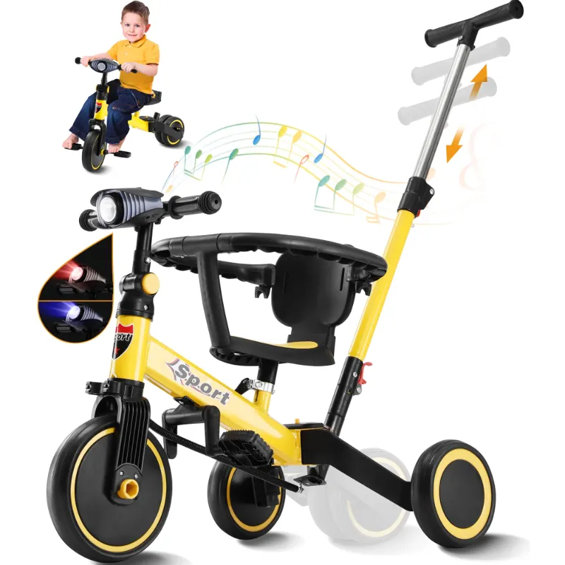 Photo 1 of Gemaisil 5 in 1 Toddler Tricycle for 1-3 Years Olds, Toddler Balance Bike with Removable Pedal & Backrest, Parent Push Handle, Colorful Headlights and Kids Music, Birthday Gift for Boy Girl(Yellow)