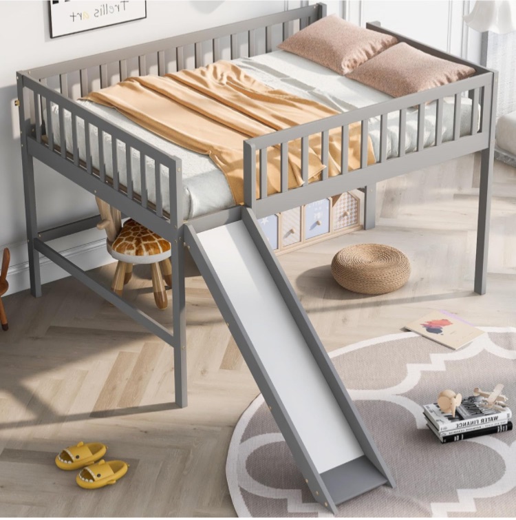 Photo 1 of ****box 1 of 2***Wooden Full Size Low Loft Bed with Slide and Ladder,Kids Bedframe for Bedroom,Gray