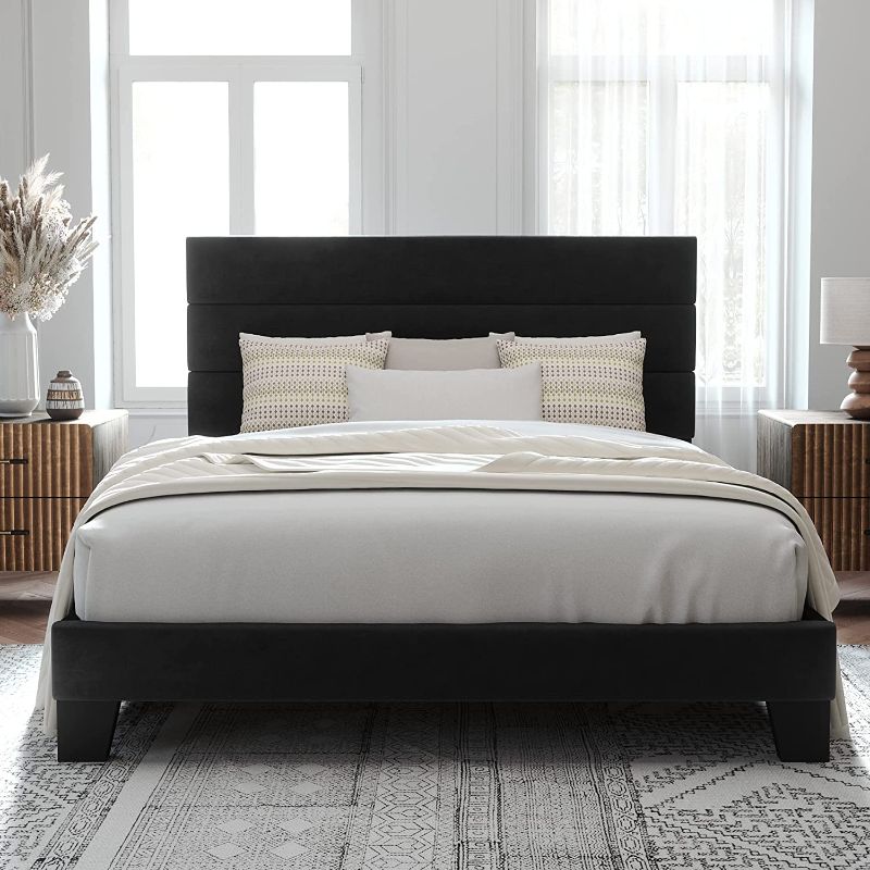 Photo 1 of Allewie Queen Size Platform Bed Frame with Velvet Headboard/Fully Upholstered Mattress Foundation, No Box Spring Needed, Black