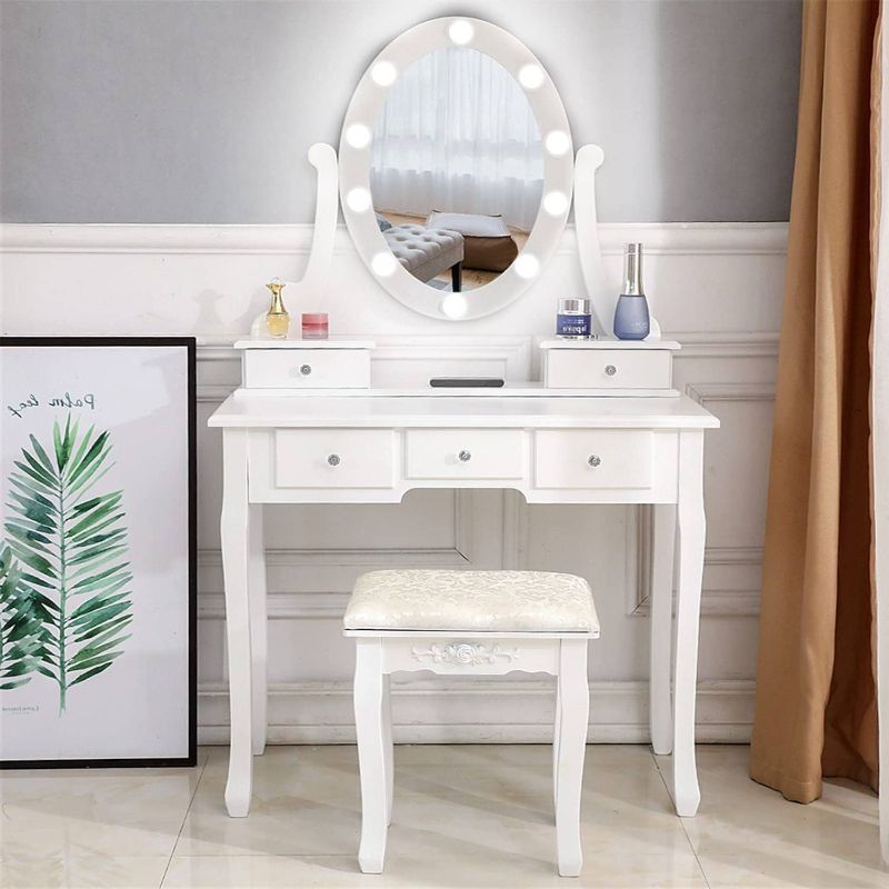 Photo 1 of Ktaxon Vanity Table 10 LED Lights, 5 Drawers Makeup Dressing Desk with Cushioned Stool Set,Bedroom Vanities Set White