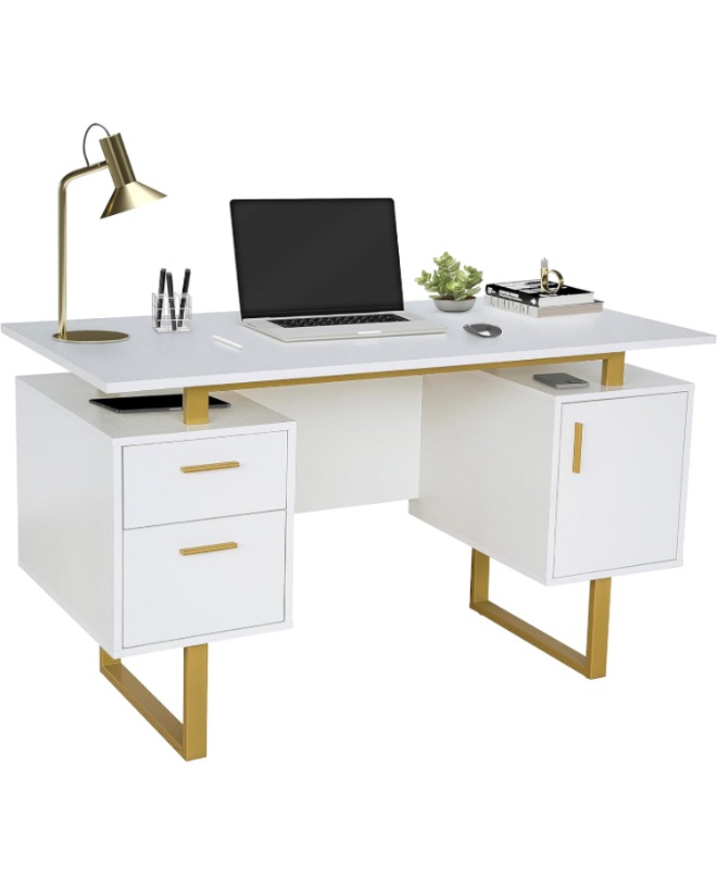 Photo 1 of ***BOX 2 OF 2, BOX 1 MISSING ***echni Mobili Storage Drawers and Cabinet 51.25” W-Modern Office Large Floating Desktop Surface Desk, 23.6" D x 51.2" W x 29.8" H, White/Gold