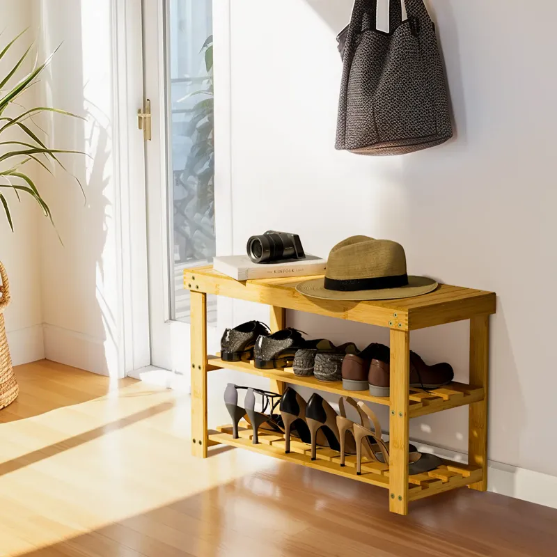 Photo 1 of 3-Tier Bamboo Shoe Rack Bench, Entryway Storage Bench Holds up to 210 lbs