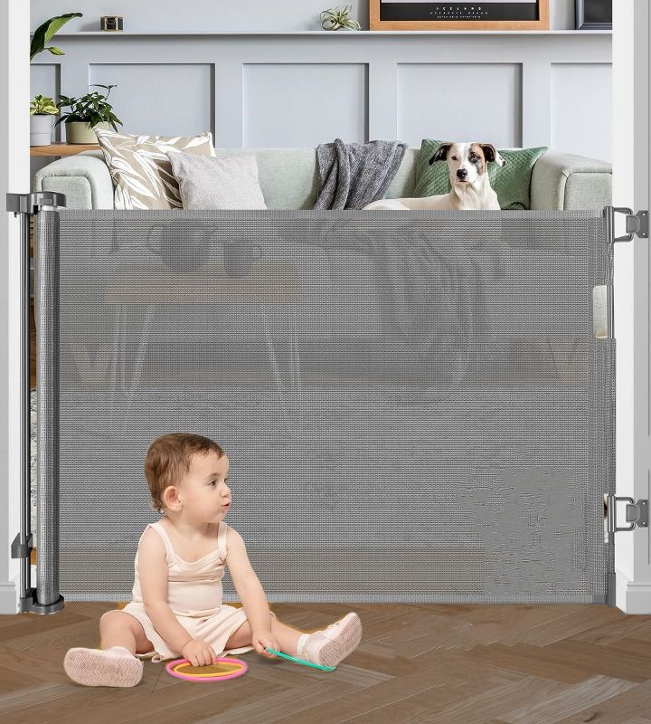 Photo 1 of Baby Gates, Retractable Baby Safety Gate 34" x 55" ABS Retractable Mesh for Doorway,Stair, Gray