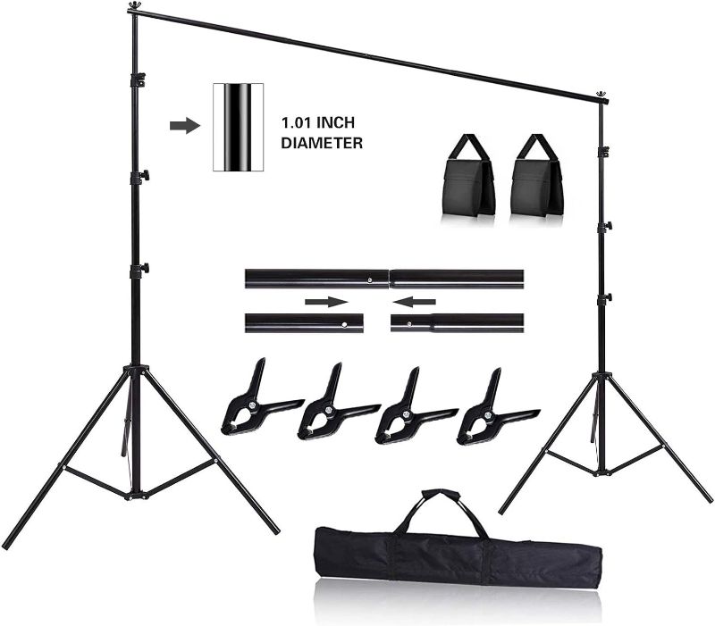 Photo 1 of 10ft Adjustable Background Support Stand Photography Video Studio Backdrop Kit, 4 Backdrop Clamps, 2 Sandbags for Wedding Party Stage Decoration Black