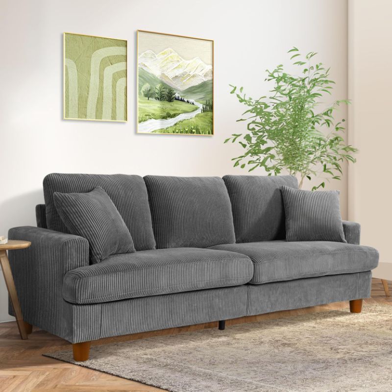 Photo 1 of 87" Corduroy Sofa,3 Seater Sofa Extra Deep Seats,Neche Comfy Upholstered Couch for Living Room,2 Pillows,Gray