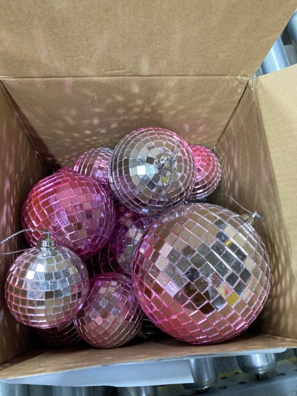 Photo 2 of 12 Pack Disco Ball Mirror Ball with Hanging Ring for Fun Retro Disco Party Decorations Party DJ Lighting Effect Stage Props Game Accessories, 5.91 Inch, 3.94 Inch, 3.15 Inch, 2.36 Inch (Pink)