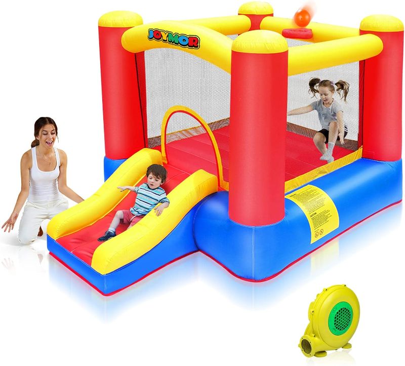 Photo 1 of  Inflatable Indoor Bounce House for Kids 3-6 w/Air Blower and Basketball Hoop, Small Bounce House for Kids and Toddlers Indoor Party, Indoor Bounce House with Slide for Toddlers 1-3
