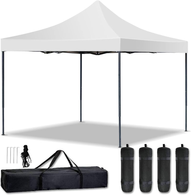 Photo 1 of Canopy Tent 10 x Pop Up Ez Sun Shade with Backpack, 4 Sand Weights Bags, Steel Stakes Gazebos for Outdoor, Wedding ,Party, Camping, Picnics (White) 118 129 inch