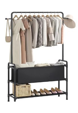 Photo 1 of 2 Tiers Clothes Rack, Clothing Racks for Hanging Clothes, Garment Rack with Wheels, Laundry Rack 2 Hooks, Multi-functional Bedroom Portable Closet, Black