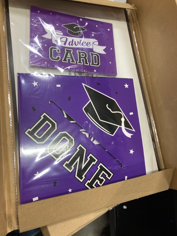 Photo 2 of DAZONGE Graduation Decorations Set, Class of 2024, Purple, 9 x 9 x 9 inch Box with 30 Advice Cards, Guestbook Signature Board, Party Favors