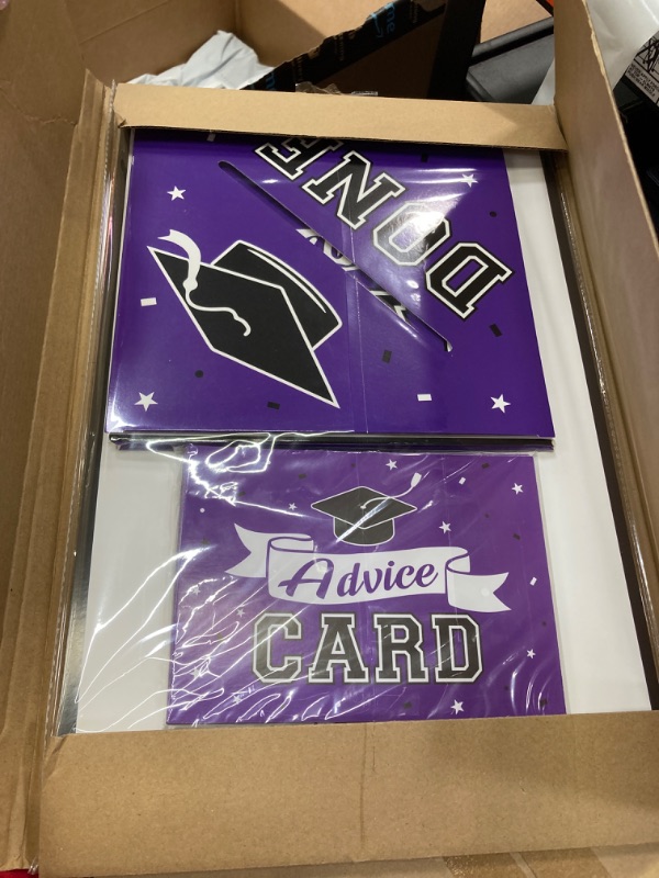 Photo 3 of DAZONGE Graduation Decorations Set, Class of 2024, Purple, 9 x 9 x 9 inch Box with 30 Advice Cards, Guestbook Signature Board, Party Favors