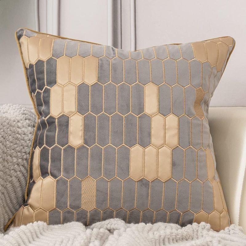 Photo 1 of ***ONLY ONE COVER****Aeckself Geometric Plaid Velvet Pillow Cover 20x20 Inch, Modern Square Leather Embroidered Decorative Throw Pillow Cover for Couch Living Room Bedroom, Gray Beige
