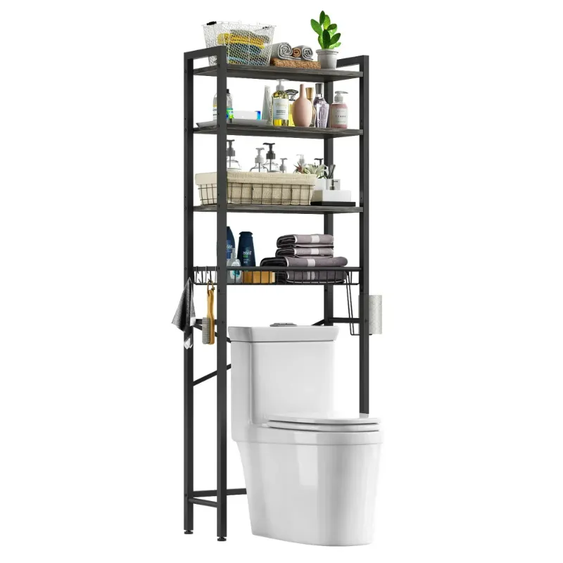 Photo 1 of Biemlerfn Over The Toilet Storage Shelf, 4-Tier Wooden Bathroom Organizer Adjustable Saver Space Rack with Toilet Paper Holder, Oak Gray
