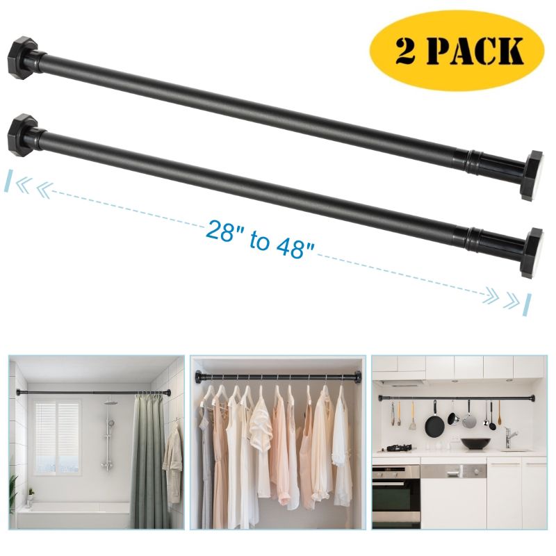 Photo 1 of 28"-48" Adjustable Tension Rod, Rust-Proof Hanging No Drilling Cabinet Wardrobe Closet Window Shower Curtain Rod, Black (2 Pack)
