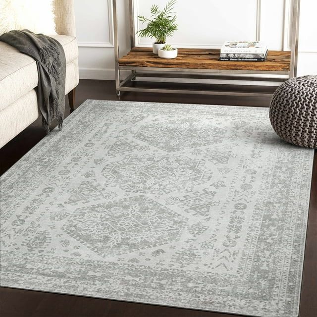 Photo 1 of KUETH Area Rugs for Living Room 8x10 Machine Washable Bedroom Rugs Distressed Vintage Print Gray Large Throw Rug Dining Room Aesthetic, Non Slip Carpet with Gripper